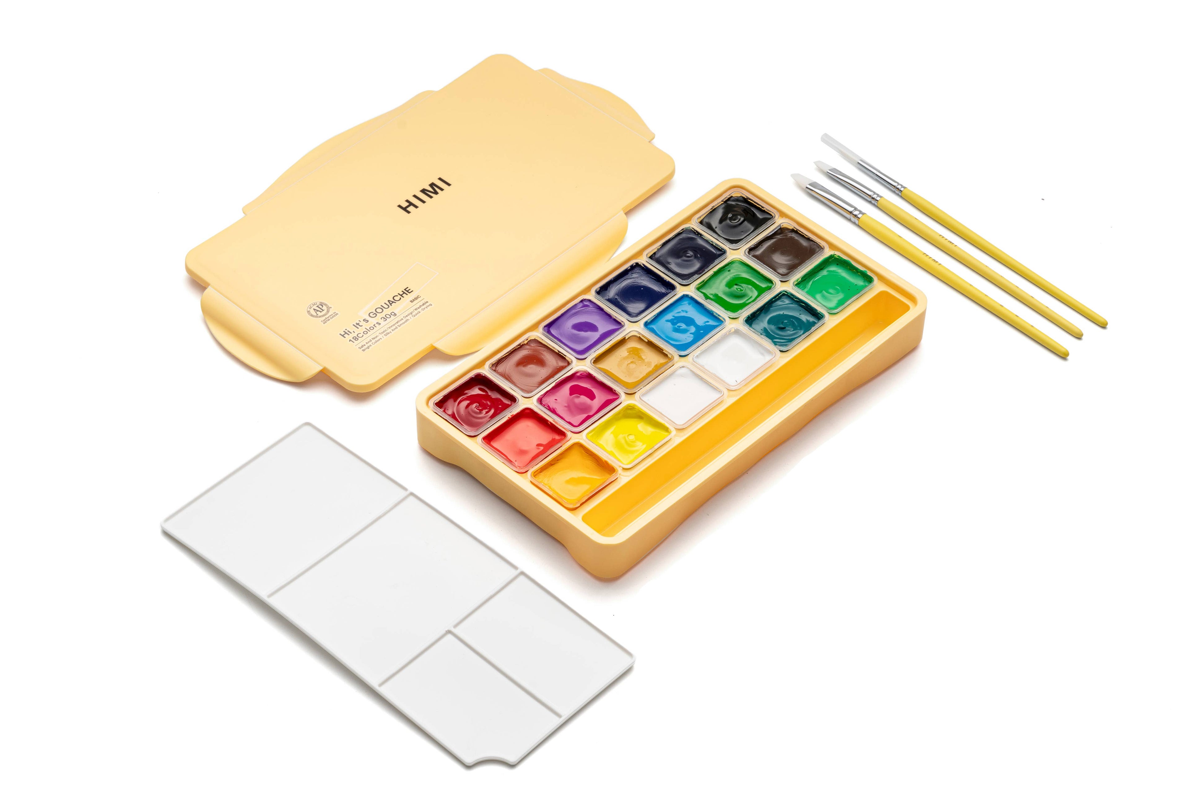HIMI Jelly Cup Gouache Set 18 Paints 3 Brushes Yellow Case