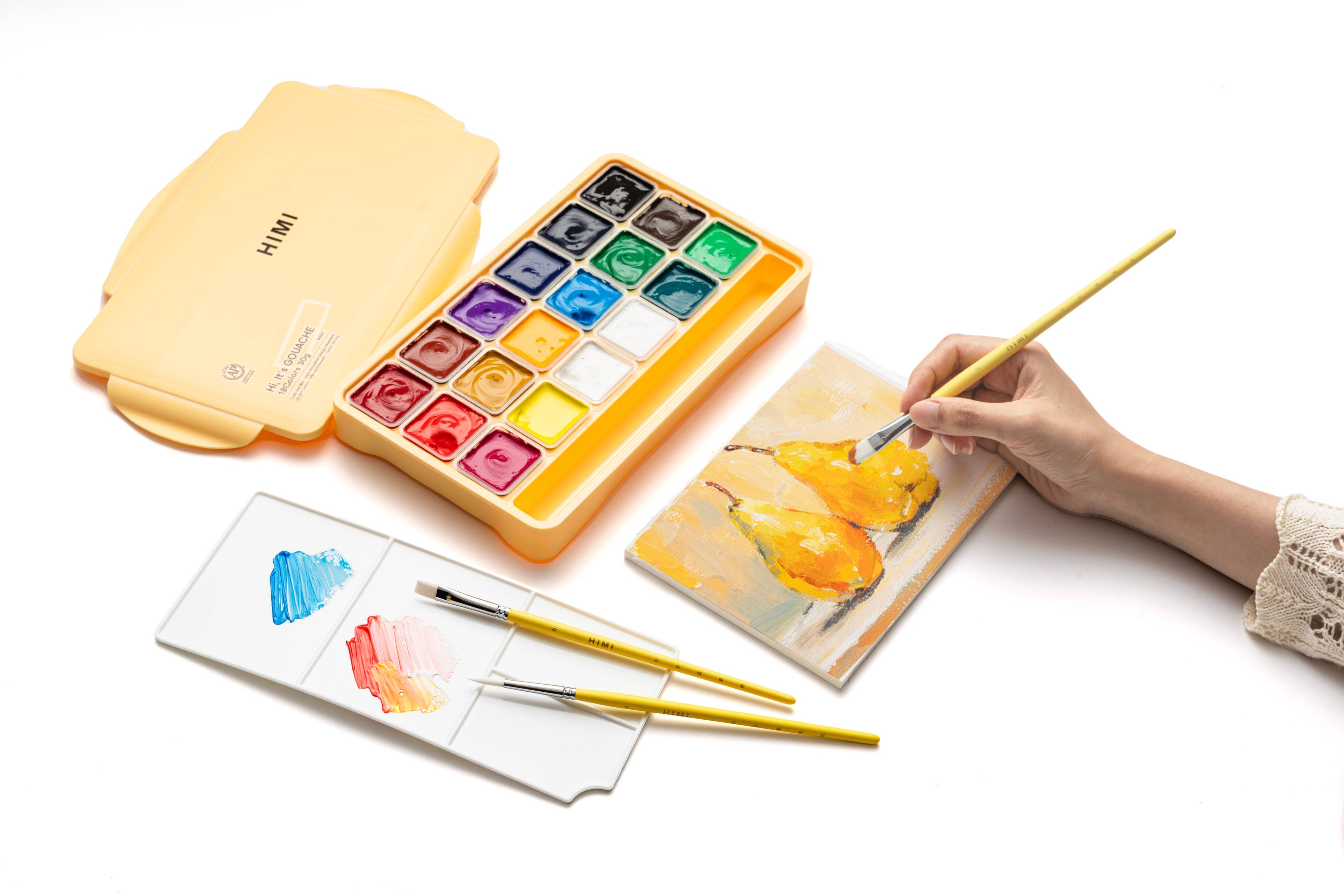 HIMI Jelly Cup Gouache Set 18 Paints 3 Brushes Yellow Case