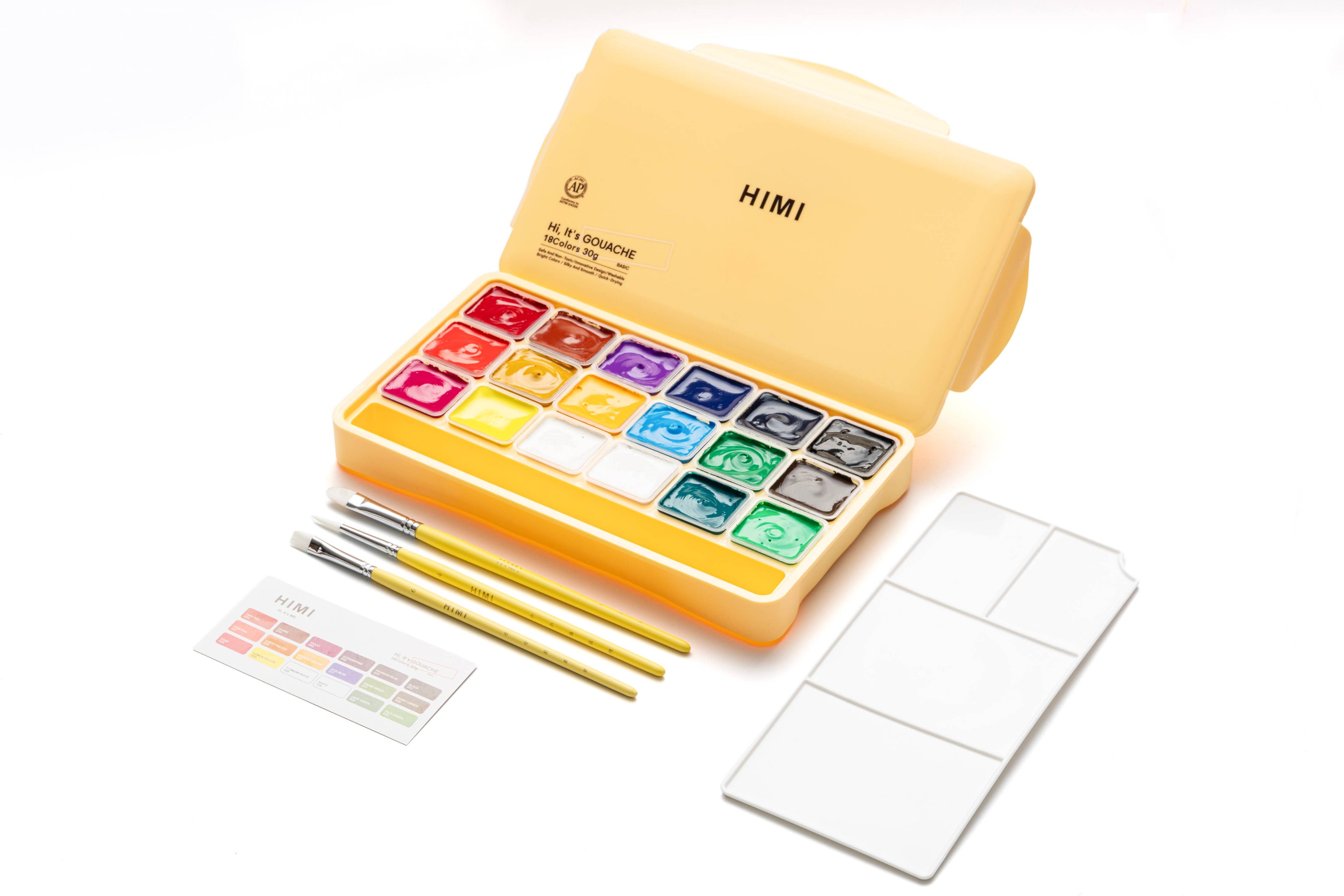 HIMI Jelly Cup Gouache Set 18 Paints 3 Brushes Yellow Case