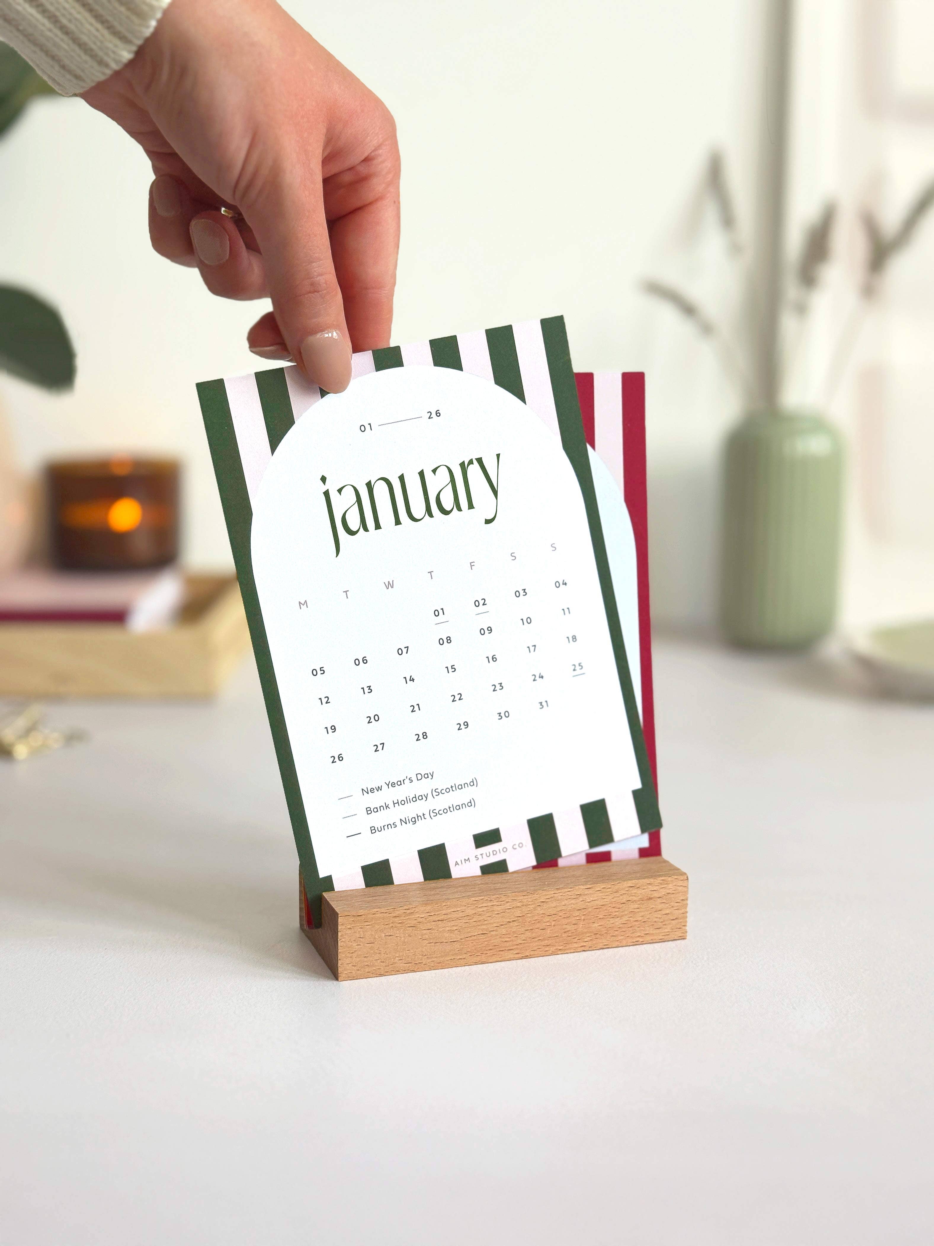 2027 Desk Calendar with Wooden Holder - Candy Stripe