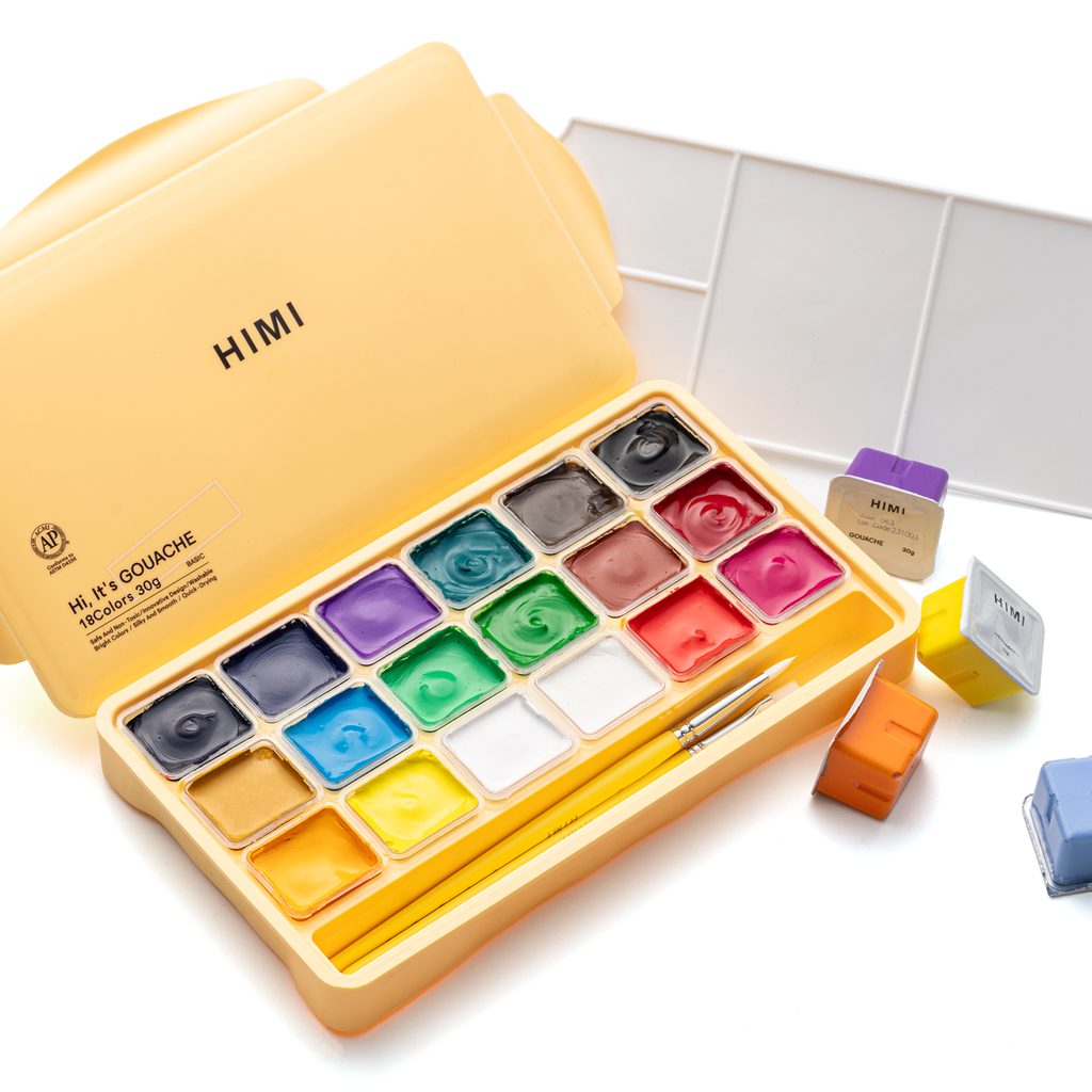 HIMI Jelly Cup Gouache Set 18 Paints 3 Brushes Yellow Case