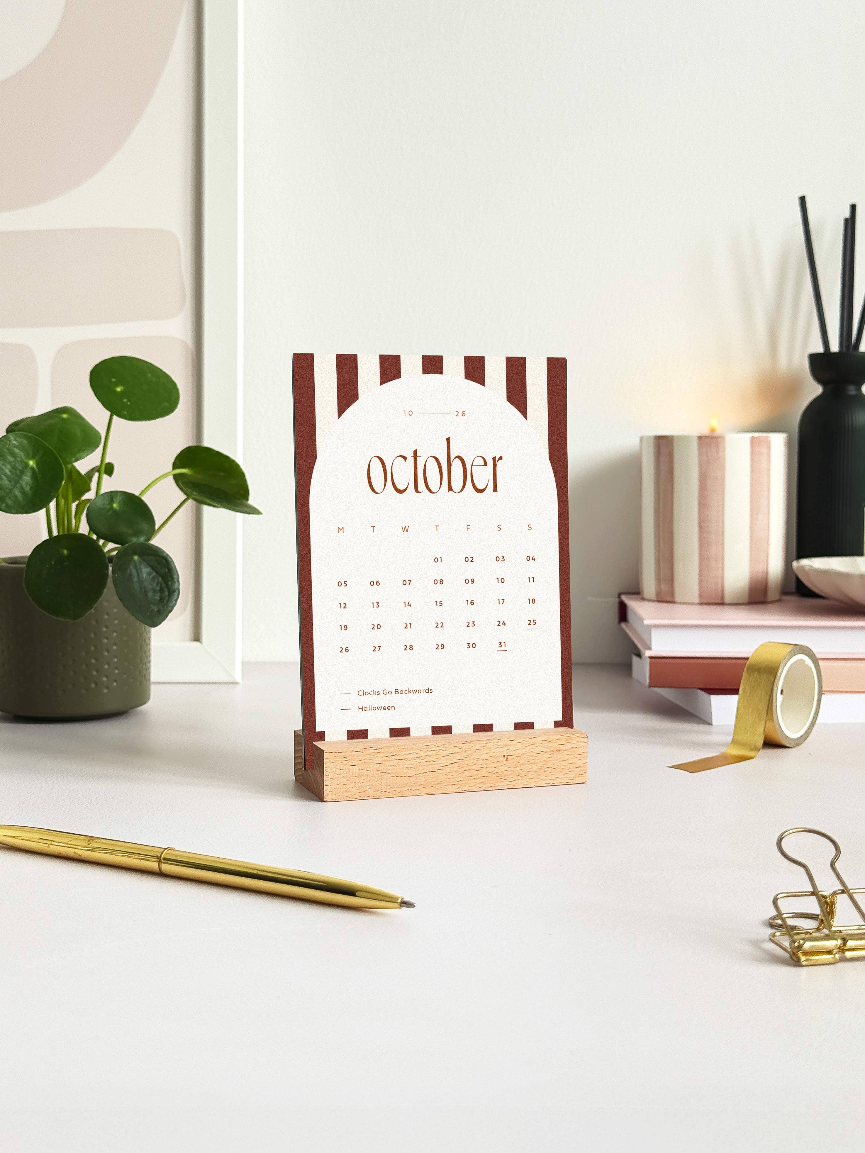 2027 Desk Calendar with Wooden Holder - Candy Stripe