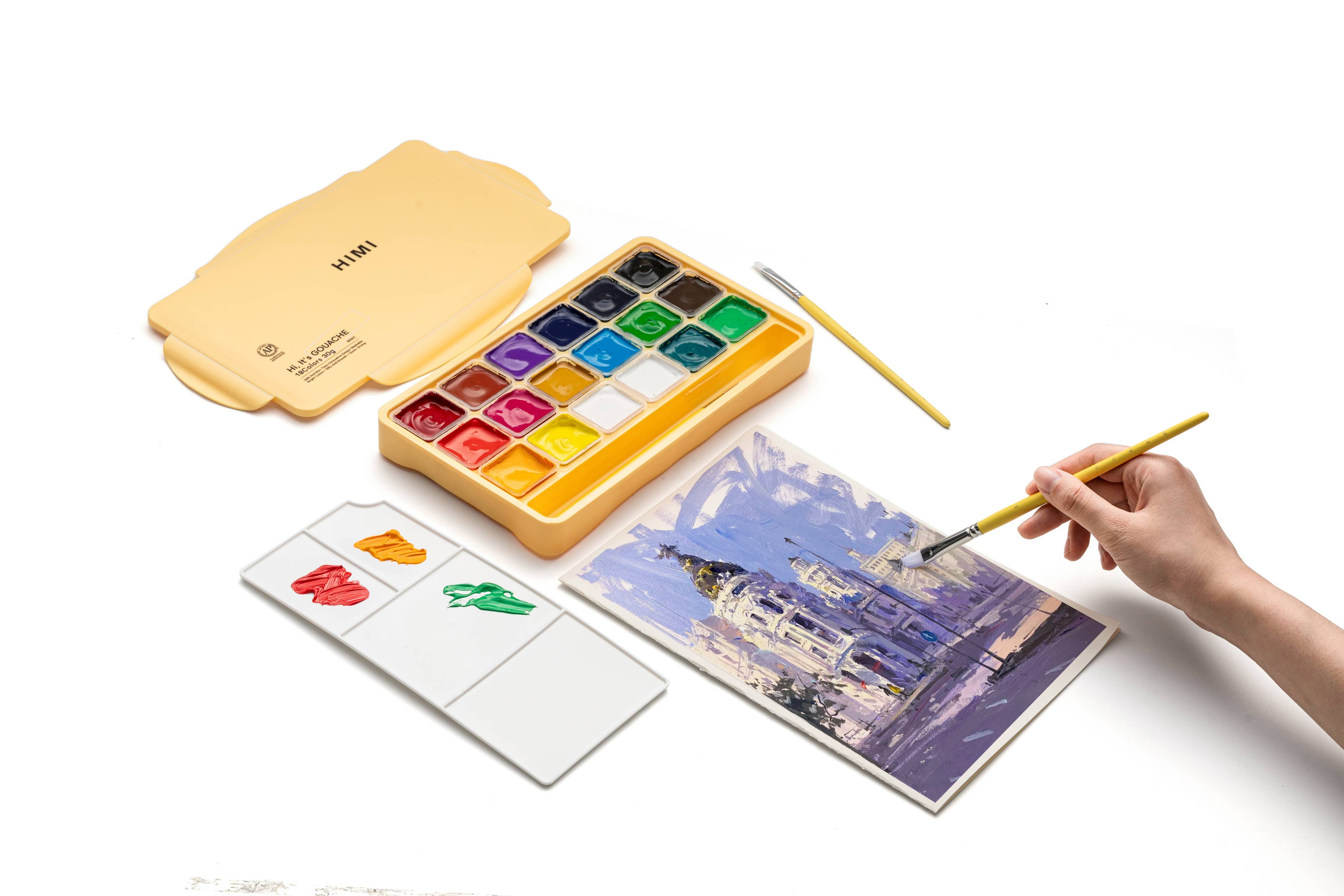 HIMI Jelly Cup Gouache Set 18 Paints 3 Brushes Yellow Case
