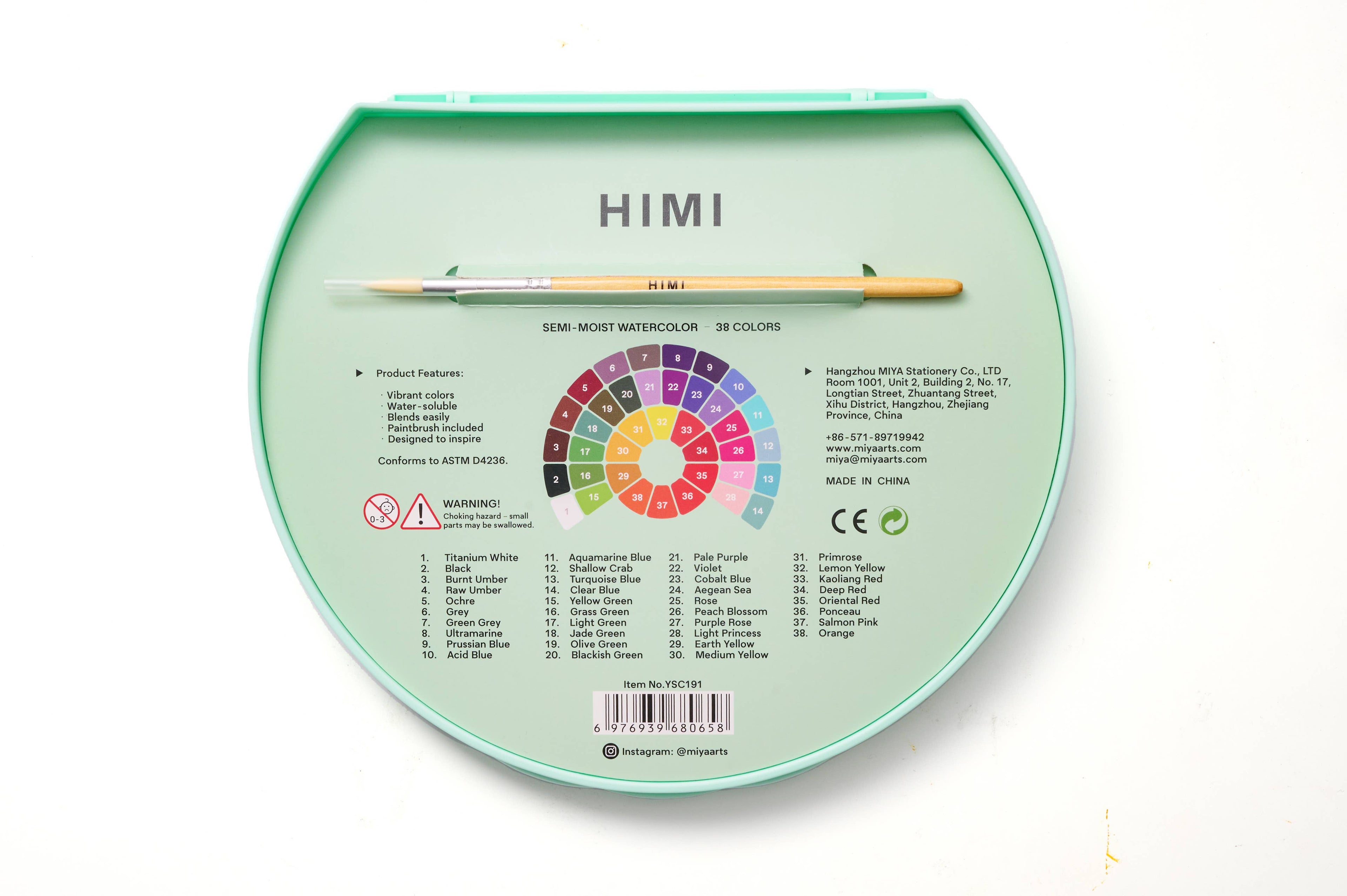 HIMI Semi-Moist Watercolour Set, 38 Pans, Brush