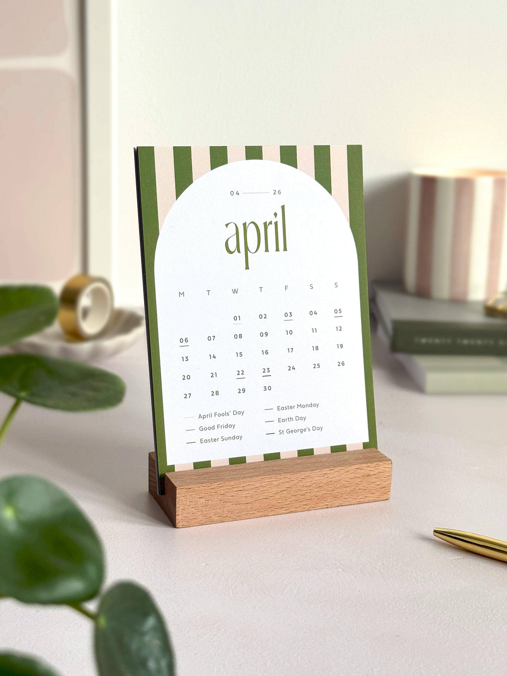 2027 Desk Calendar with Wooden Holder - Candy Stripe
