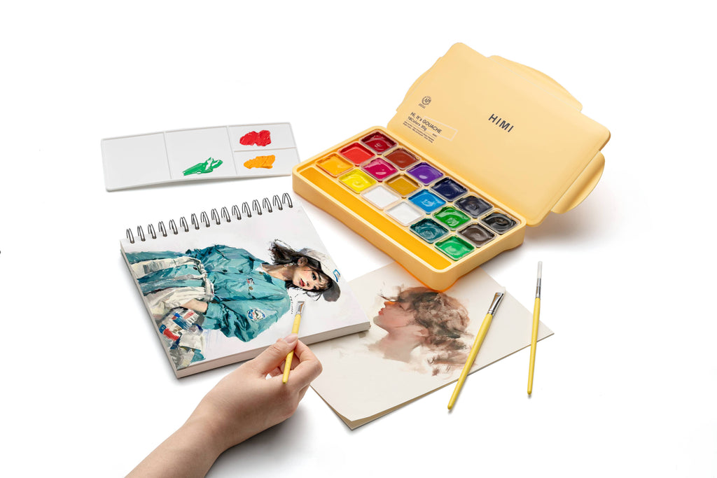 HIMI Jelly Cup Gouache Set 18 Paints 3 Brushes Yellow Case