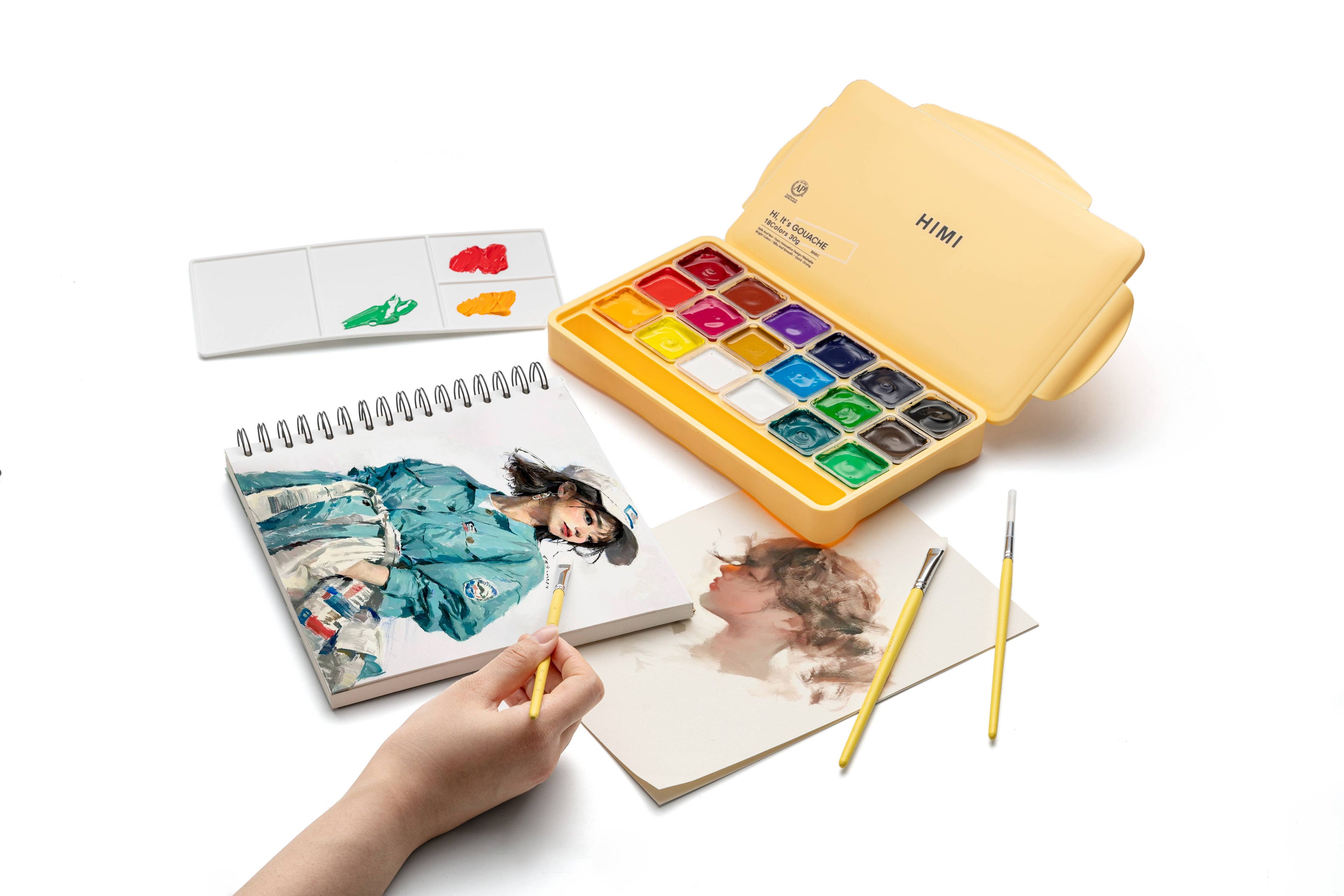 HIMI Jelly Cup Gouache Set 18 Paints 3 Brushes Yellow Case