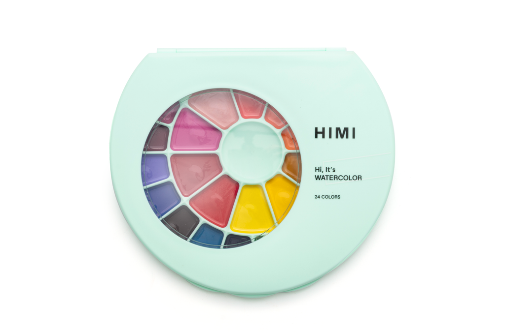 HIMI Semi-Moist Watercolour Set, 24 Pans, Brush, Green Case