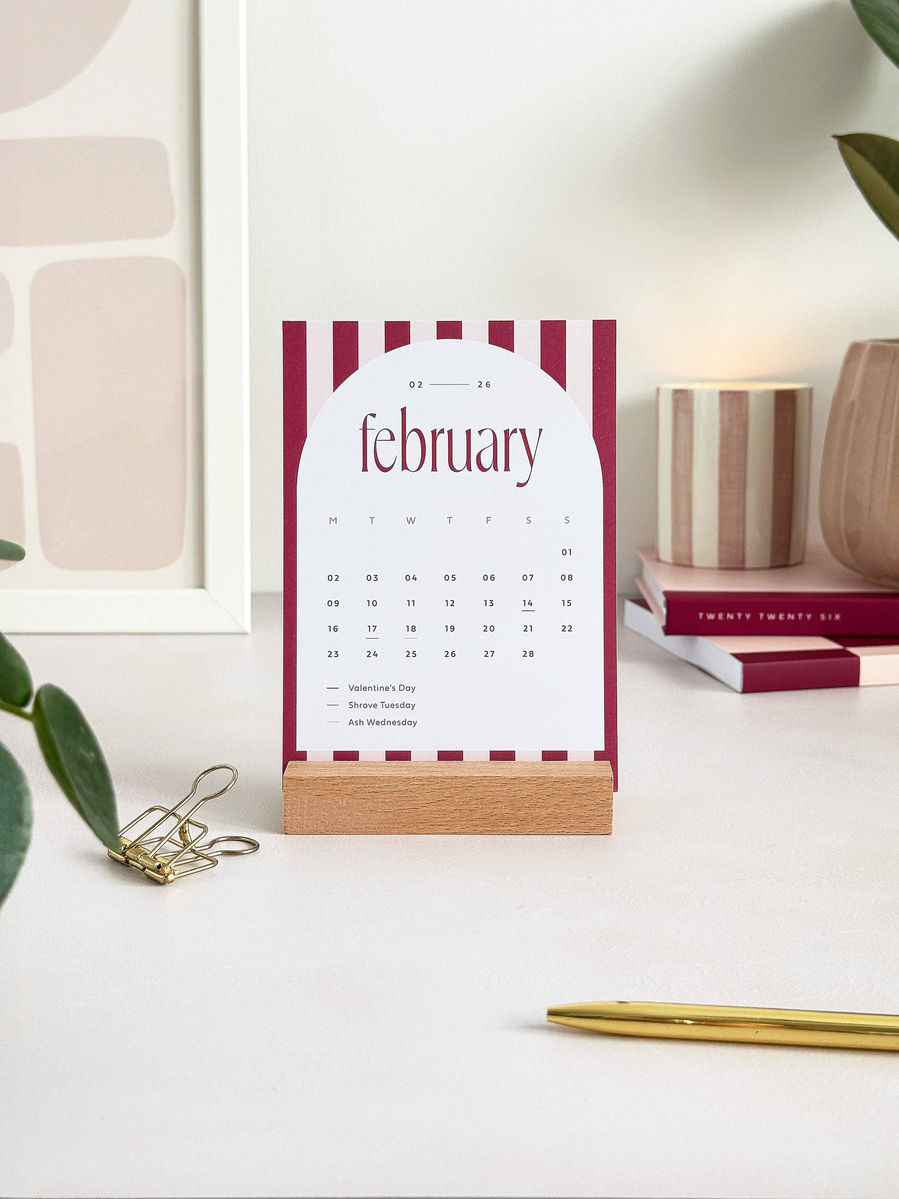 2027 Desk Calendar with Wooden Holder - Candy Stripe