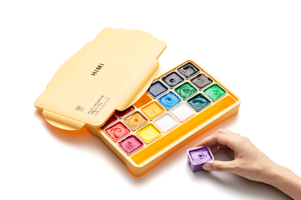 HIMI Jelly Cup Gouache Set 18 Paints 3 Brushes Yellow Case