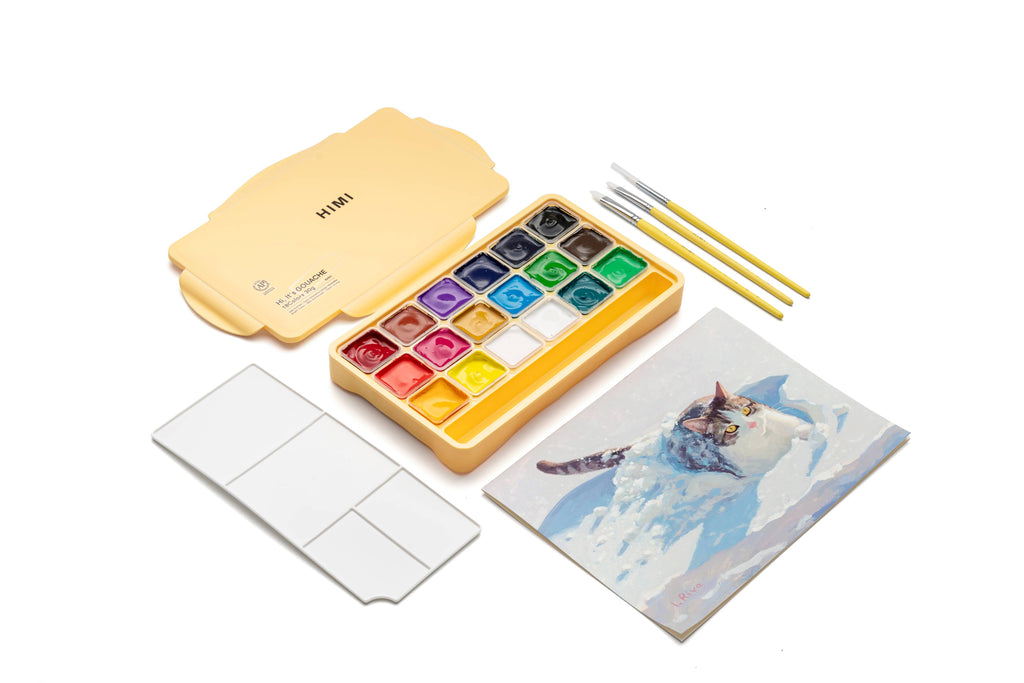 HIMI Jelly Cup Gouache Set 18 Paints 3 Brushes Yellow Case