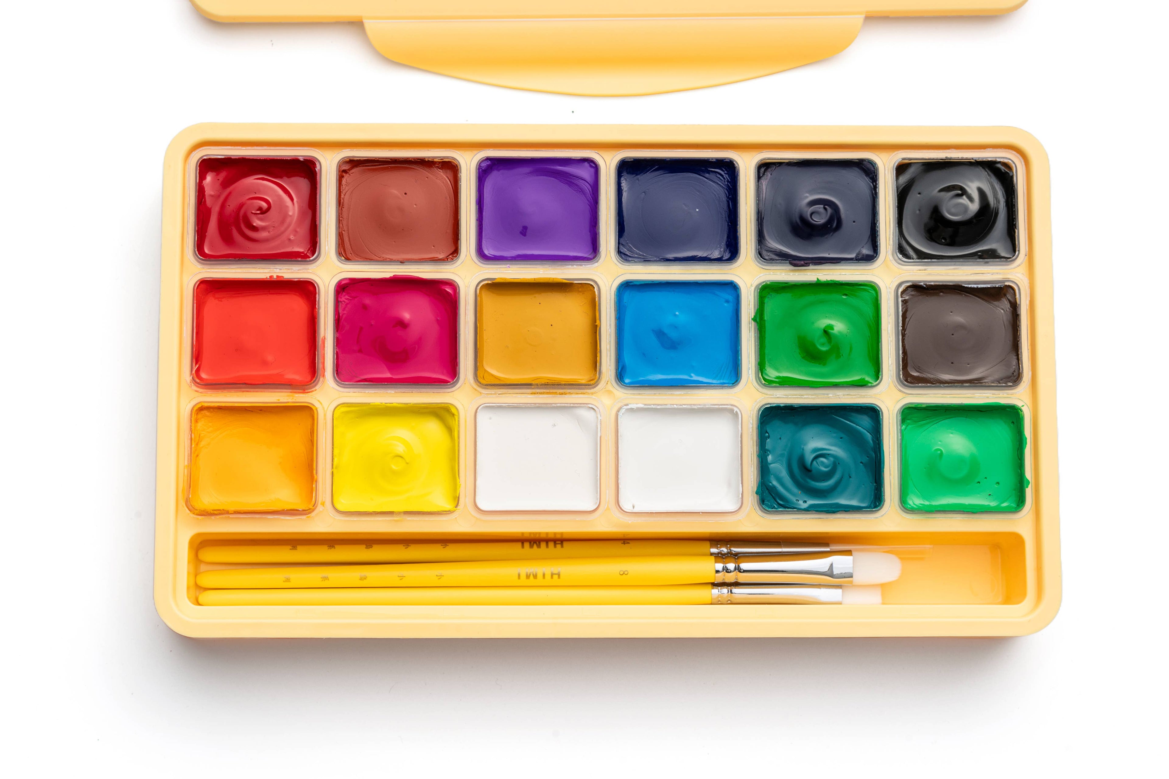 HIMI Jelly Cup Gouache Set 18 Paints 3 Brushes Yellow Case