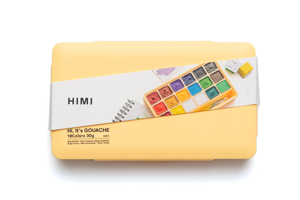 HIMI Jelly Cup Gouache Set 18 Paints 3 Brushes Yellow Case