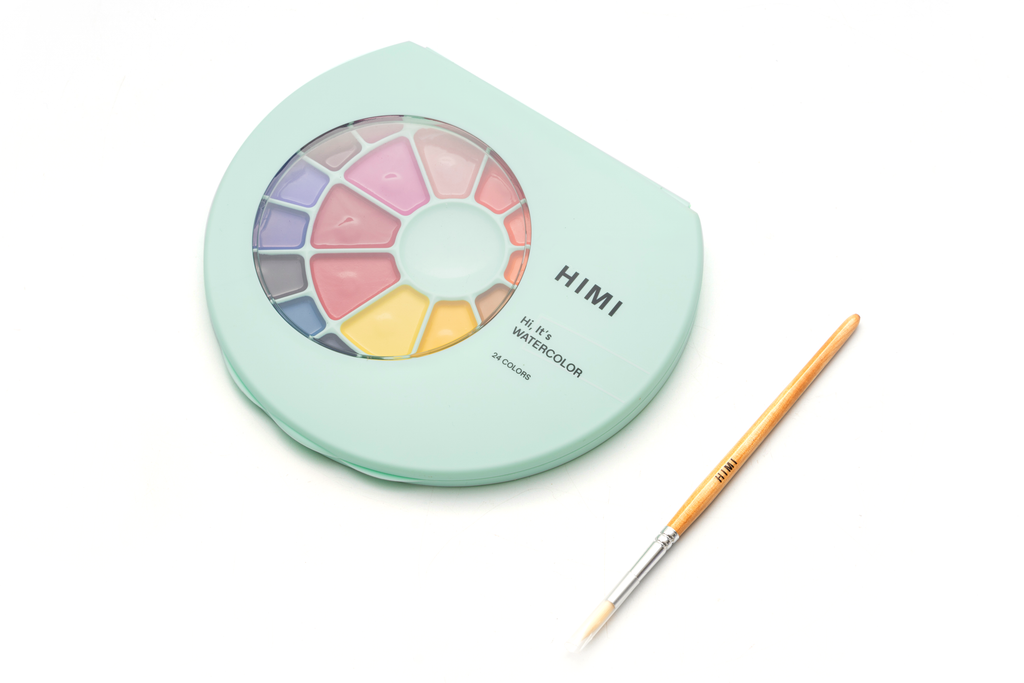 HIMI Semi-Moist Watercolour Set, 24 Pans, Brush, Green Case