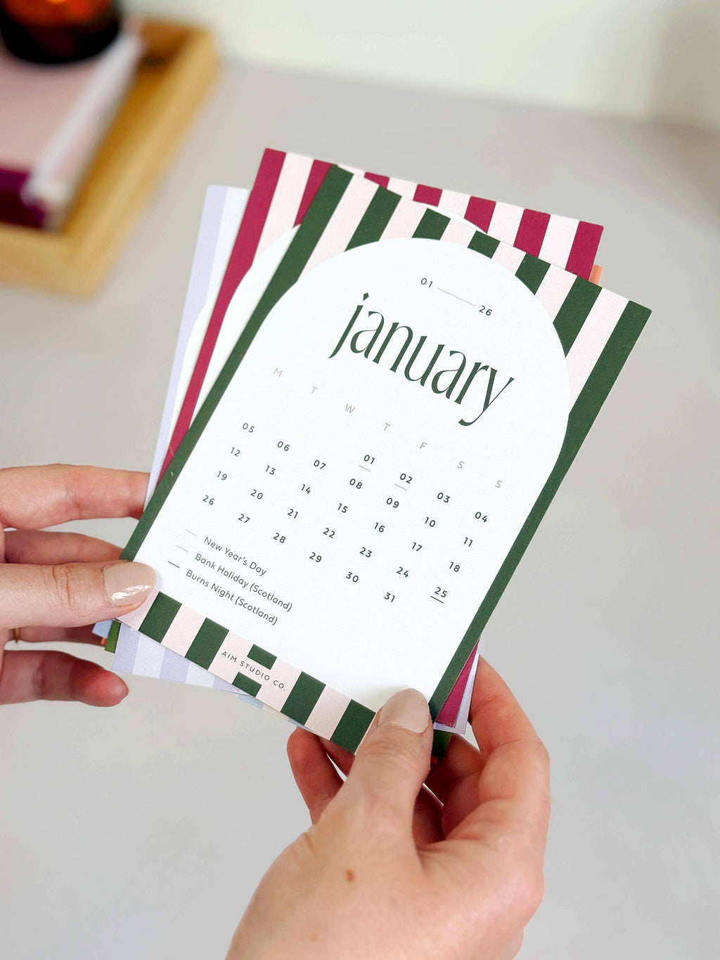 2027 Desk Calendar with Wooden Holder - Candy Stripe