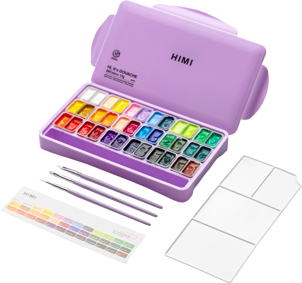 HIMI Twin Cup Gouache Set 36 Paint Colours, Purple Case