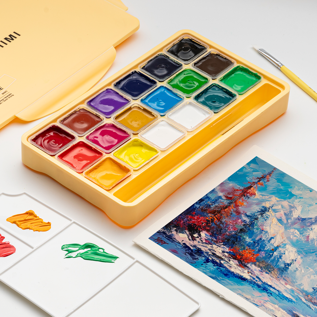 HIMI Jelly Cup Gouache Set 18 Paints 3 Brushes Yellow Case